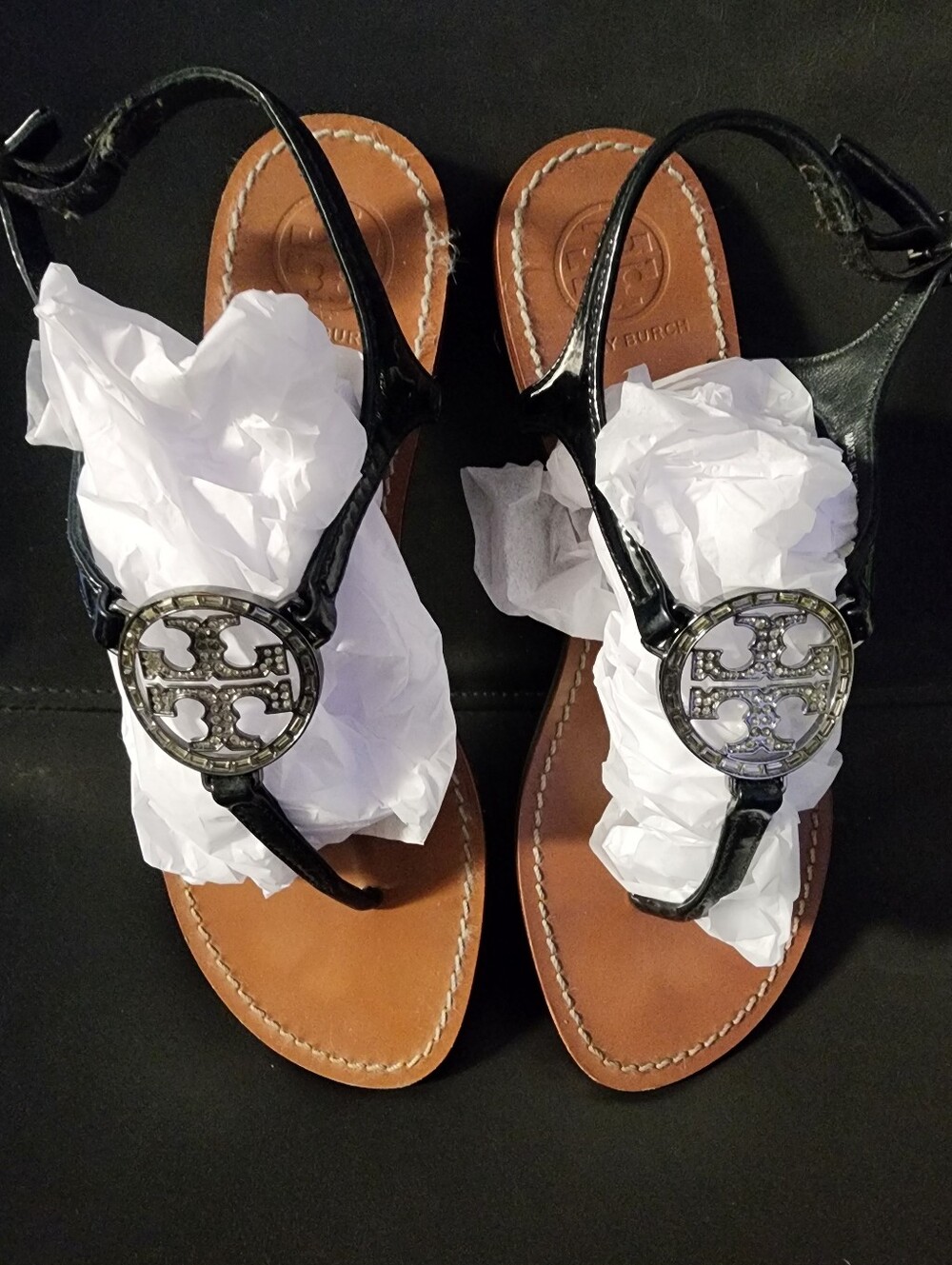 TORY BURCH BLING SANDALS SIZE 8.5 BLACK WITH SILVER BLING TORY BURCH EMBLEM